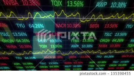 Showing digital market display scrolling stock symbols on dark grid, with yellow line graphs Showing digital market display scrolling stock symbols on dark grid, with yellow line graphs 135398455