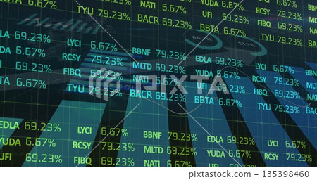 Displaying trading interface showing 3D bars, ticker symbols, percentages, gridlines, curves Displaying trading interface showing 3D bars, ticker symbols, percentages, gridlines, curves 135398460