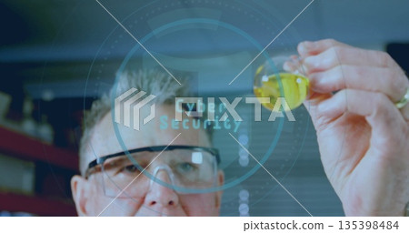 Examining flask with yellow liquid, scientist in coat, goggles at lab, with Cybersecurity display Examining flask with yellow liquid, scientist in coat, goggles at lab, with Cybersecurity display 135398484