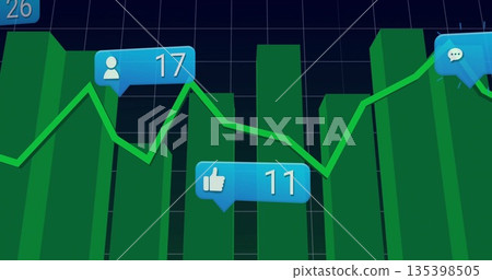 Displaying chart showing green bar columns with line graph on dashboard, with blue callout labels Displaying chart showing green bar columns with line graph on dashboard, with blue callout labels 135398505