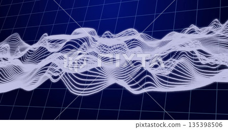 Undulating 3D abstract dotted-line wave flowing across virtual 3D space, with dark blue grid plane 135398506