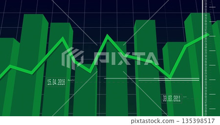 Displaying 3D green bars showing trend on dark blue grid background, with line graph, date labels 135398517
