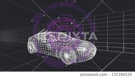 Displaying white wireframe car model in 3D workspace, with perspective grid lines and purple HUD 135398520
