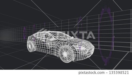 Displaying wireframe car model rotating above grid floor and walls, with purple portals and arrows Displaying wireframe car model rotating above grid floor and walls, with purple portals and arrows 135398521