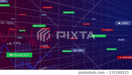 Showing dashboard on screen with red and blue line graphs, social labels and percentages Showing dashboard on screen with red and blue line graphs, social labels and percentages 135398525