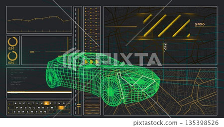 Displaying neon green 3D wireframe car model in dashboard interface, with line graph and bar charts Displaying neon green 3D wireframe car model in dashboard interface, with line graph and bar charts 135398526