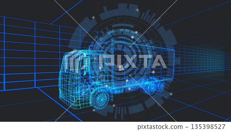 Showing wireframe semi truck model rotating within virtual 3D grid, with digital HUD Showing wireframe semi truck model rotating within virtual 3D grid, with digital HUD 135398527