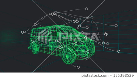 Green wireframe van model sitting in 3D grid floor and wall scene, with circular node connections 135398529
