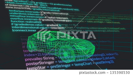 Green wireframe sports car model floating above grid lines in CAD interface, with JavaScript code 135398530