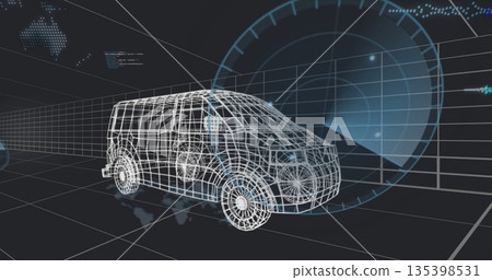 Rotating wireframe van model in 3D space, with grid floor, world map overlay and HUD elements 135398531