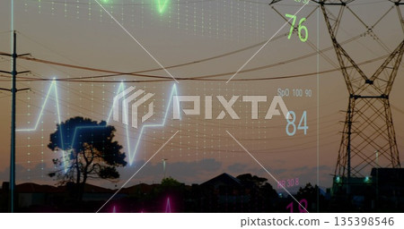Overlaying ECG waveform showing readings and grid over steel tower, power lines at suburban dusk 135398546