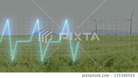 Pulsing ECG waveform spanning grassland wind farm, with digital grid overlay and wind turbines 135398554