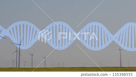 Hovering stylized blue DNA helix stretching over grassy wind farm plain, featuring white turbines 135398555