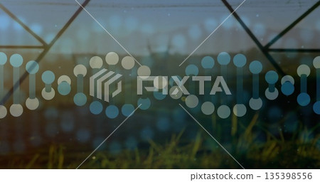 Stylized DNA helix graphic hovering in greenhouse over grass, with metal beams and bokeh circles Stylized DNA helix graphic hovering in greenhouse over grass, with metal beams and bokeh circles 135398556
