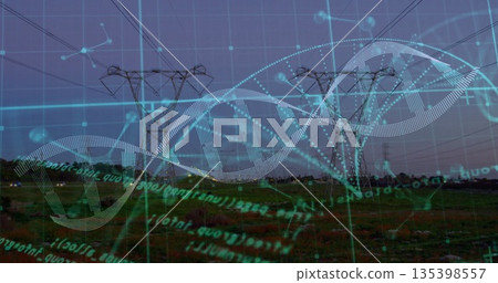 Merging stylized DNA helix over high-voltage towers on grassland at dusk, with code and nodes 135398557
