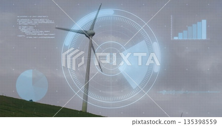 Wind turbine spinning on grassy hill, with circular HUD overlay, bar chart, pie chart, code snippet Wind turbine spinning on grassy hill, with circular HUD overlay, bar chart, pie chart, code snippet 135398559