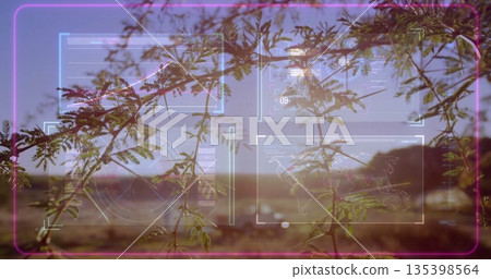 Displaying shrub branch extending across rural desert plain, with neon holographic HUD elements Displaying shrub branch extending across rural desert plain, with neon holographic HUD elements 135398564
