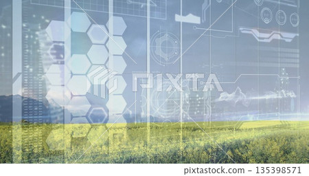 Displaying yellow field reaching blue mountains in valley, with interface hex panels and grid lines 135398571