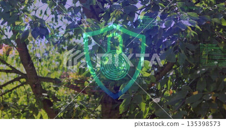 Displaying shield and padlock with circular maze over tree canopy, floating numeric code fragments Displaying shield and padlock with circular maze over tree canopy, floating numeric code fragments 135398573