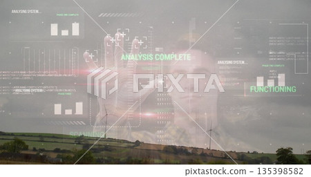 Man reaching toward holographic bar graphs and scanning grids in rural landscape with wind turbines Man reaching toward holographic bar graphs and scanning grids in rural landscape with wind turbines 135398582