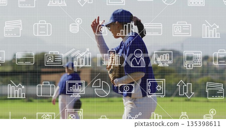 Tipping athlete in blue jersey holding glove on outfield, with financial icons overlay 135398611
