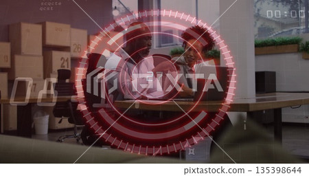 Discussing coworkers in business attire sharing ideas in meeting room, with laptop and moving boxes 135398644