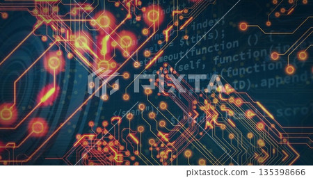 Animating abstract circuit traces pulsing on digital canvas, with solder-pad nodes, code segments Animating abstract circuit traces pulsing on digital canvas, with solder-pad nodes, code segments 135398666