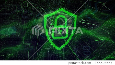 Floating pixelated green shield rotating above virtual grid, with padlock icon and data points 135398667