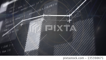 Displaying white graph line with data markers spanning digital screen grid, showing code snippet Displaying white graph line with data markers spanning digital screen grid, showing code snippet 135398671