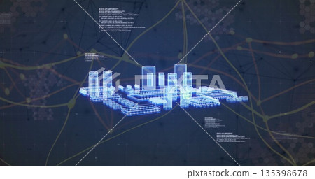Floating holographic city model above digital grid with cylinder towers, glowing code snippets 135398678