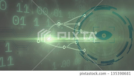 Displaying branching digital network unfolding in abstract space, with binary code and eye icon Displaying branching digital network unfolding in abstract space, with binary code and eye icon 135398681