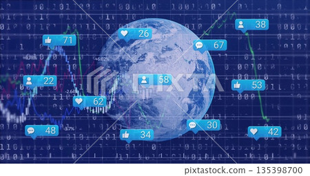 Rotating Planet Earth over binary code in data visualization, showing line charts and social icons Rotating Planet Earth over binary code in data visualization, showing line charts and social icons 135398700