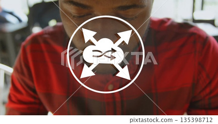 Studying man in red plaid shirt reviewing notes on wooden cafe table, with cloud graphic overlay Studying man in red plaid shirt reviewing notes on wooden cafe table, with cloud graphic overlay 135398712