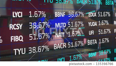 Monitoring analyst examining stock tickers and percentages on office monitor, with map overlay Monitoring analyst examining stock tickers and percentages on office monitor, with map overlay 135398766