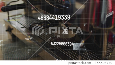 Displaying metal roller conveyor belt moving under scanner in plant, with grid and numeric codes Displaying metal roller conveyor belt moving under scanner in plant, with grid and numeric codes 135398770