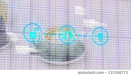 Displaying arrow linking shopping bag, briefcase, and location pin on dashboard with code overlay Displaying arrow linking shopping bag, briefcase, and location pin on dashboard with code overlay 135398773