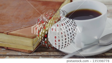 Displaying brown leather-bound notebook on wooden tabletop, with coffee cup and binary sphere Displaying brown leather-bound notebook on wooden tabletop, with coffee cup and binary sphere 135398778