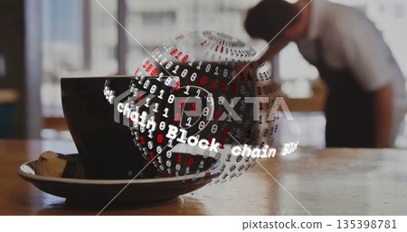 Sitting ceramic coffee cup and saucer displaying glowing code sphere, with blockchain text in cafe Sitting ceramic coffee cup and saucer displaying glowing code sphere, with blockchain text in cafe 135398781