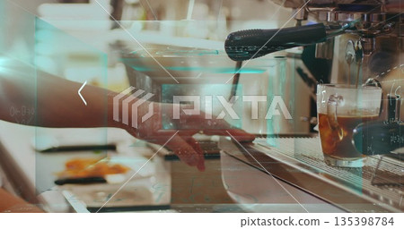 Barista hand guiding portafilter and pouring iced coffee at cafe counter with holographic overlays 135398784