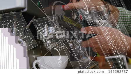 Brewing barista in checked shirt locking portafilter on cafe espresso machine with cup  and  analyti 135398787