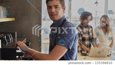 Operating apron-clad barista preparing espresso behind machine at coffee shop, with floating icons Operating apron-clad barista preparing espresso behind machine at coffee shop, with floating icons 135398810