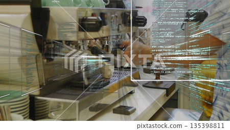 Operating commercial espresso machine group head at coffee bar counter, with floating AR code Operating commercial espresso machine group head at coffee bar counter, with floating AR code 135398811