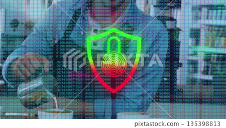 Business professionals discussing security at office windows with code streams and shield lock icon Business professionals discussing security at office windows with code streams and shield lock icon 135398813