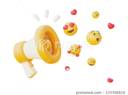 3D Illustration of Megaphone Spreading Happy Emoji and Smileys Icons 135398828