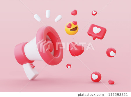 3D Rendering of Megaphone with Heart Icons for Love Message and Marketing 3D Rendering of Megaphone with Heart Icons for Love Message and Marketing 135398831