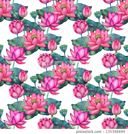 Watercolor seamless pattern with bright pink lotus flowers, green leaves and seed pods. Elegant repeating floral design inspired by Asian botanical motifs. Perfect for textiles, wrapping paper and 135398894