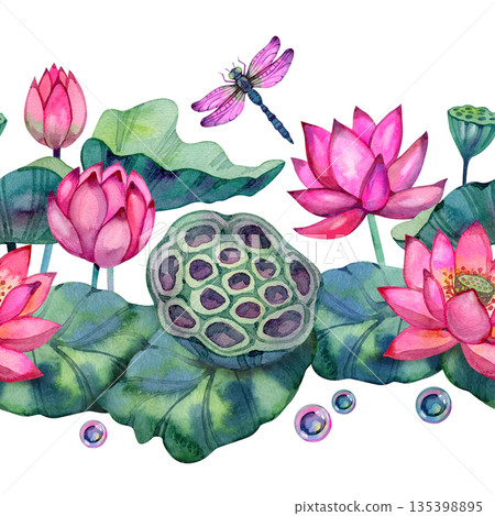 Elegant watercolor seamless border featuring pink lotus flowers, green lily pads, and dragonflies. Hand-painted botanical garden illustration with floating blossoms and seed pods in an aquatic style. Elegant watercolor seamless border featuring pink lotus flowers, green lily pads, and dragonflies. Hand-painted botanical garden illustration with floating blossoms and seed pods in an aquatic style. 135398895