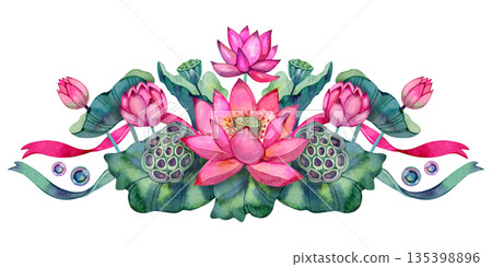 Watercolor horizontal composition with vibrant pink lotus flowers, lush green leaves, seed pods and decorative ribbons. Elegant botanical ornament symbolizing beauty, purity and calmness. Perfect for 135398896