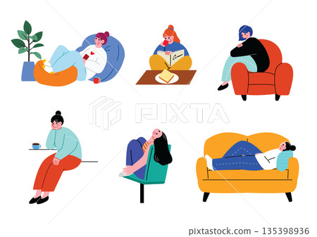 Illustration set of a woman relaxing at home 135398936