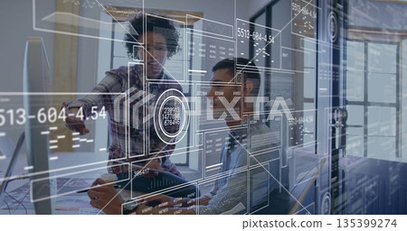 Pointing professionals wearing business attire using holograms in office with tablet and stylus Pointing professionals wearing business attire using holograms in office with tablet and stylus 135399274